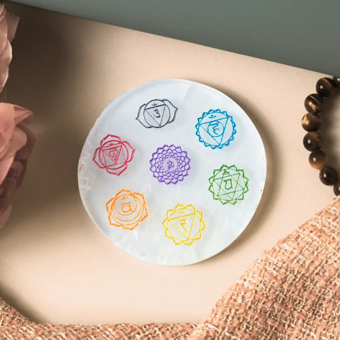 Selenite Seven Chakra Symbol Charging Plate - Round