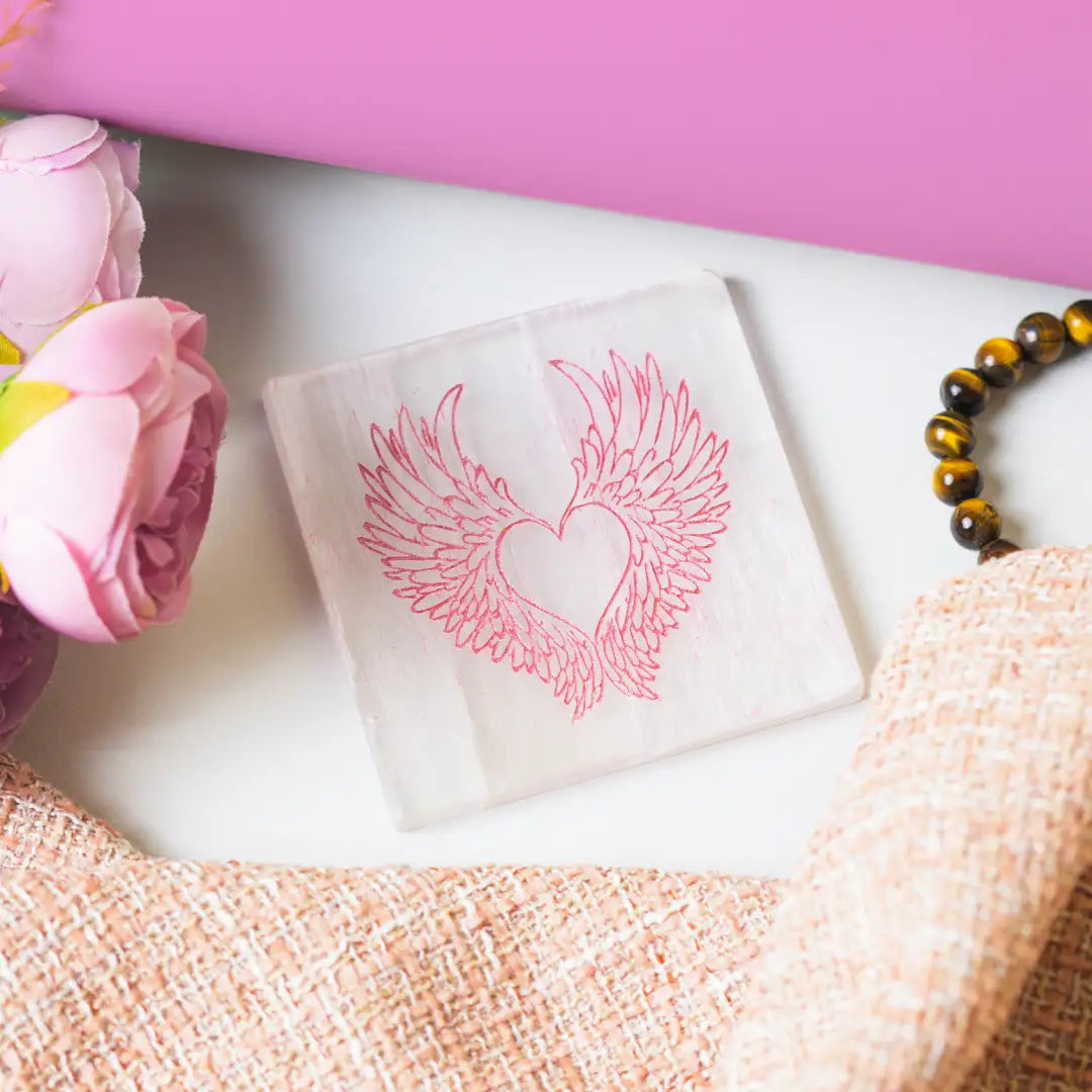 Selenite Angel Wings Engraved  – Square
