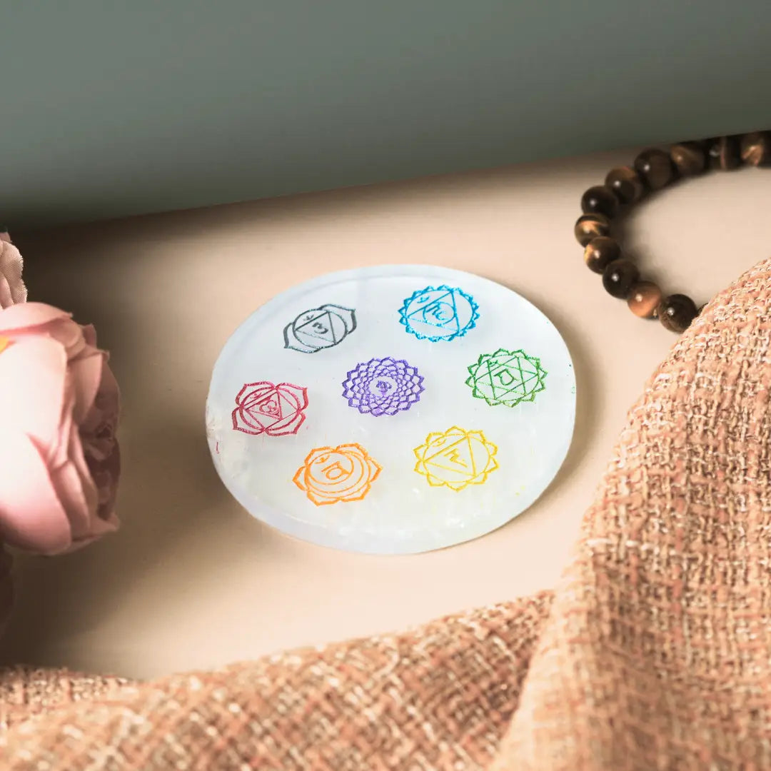 Selenite Seven Chakra Symbol Charging Plate - Round