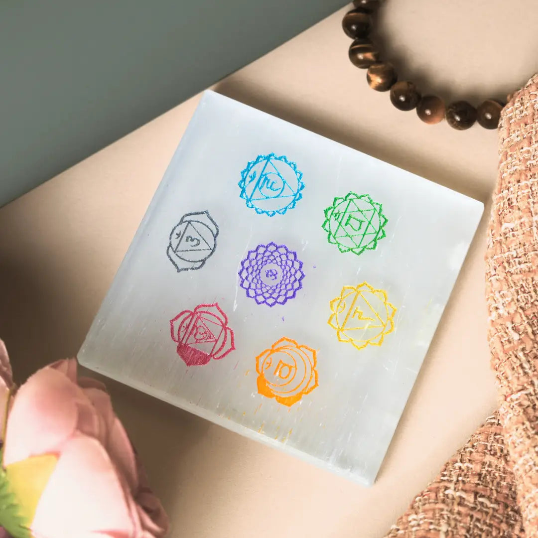 Selenite Seven Chakra Symbol Charging Plate - Square