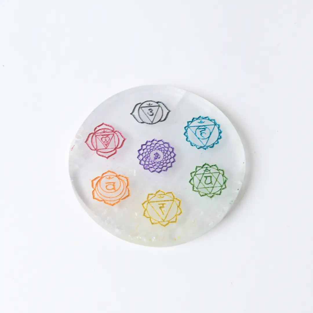 Selenite Seven Chakra Symbol Charging Plate - Round