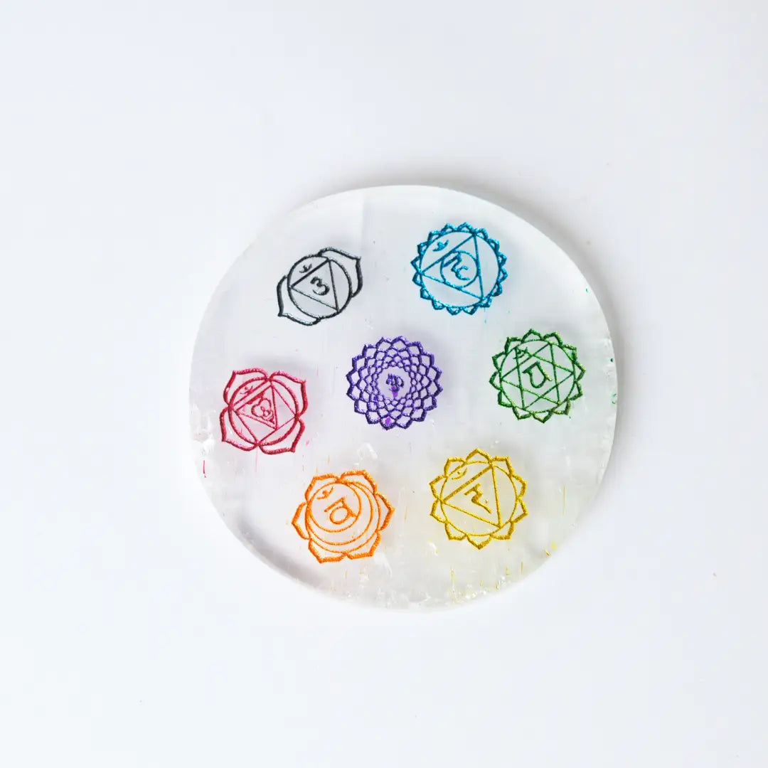 Selenite Seven Chakra Symbol Charging Plate - Round