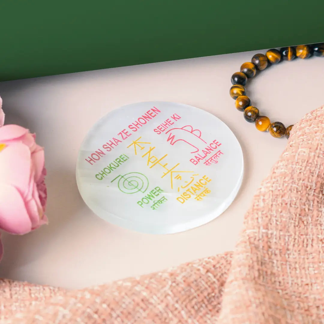 Selenite Reiki Symbols Charging Plate - Round