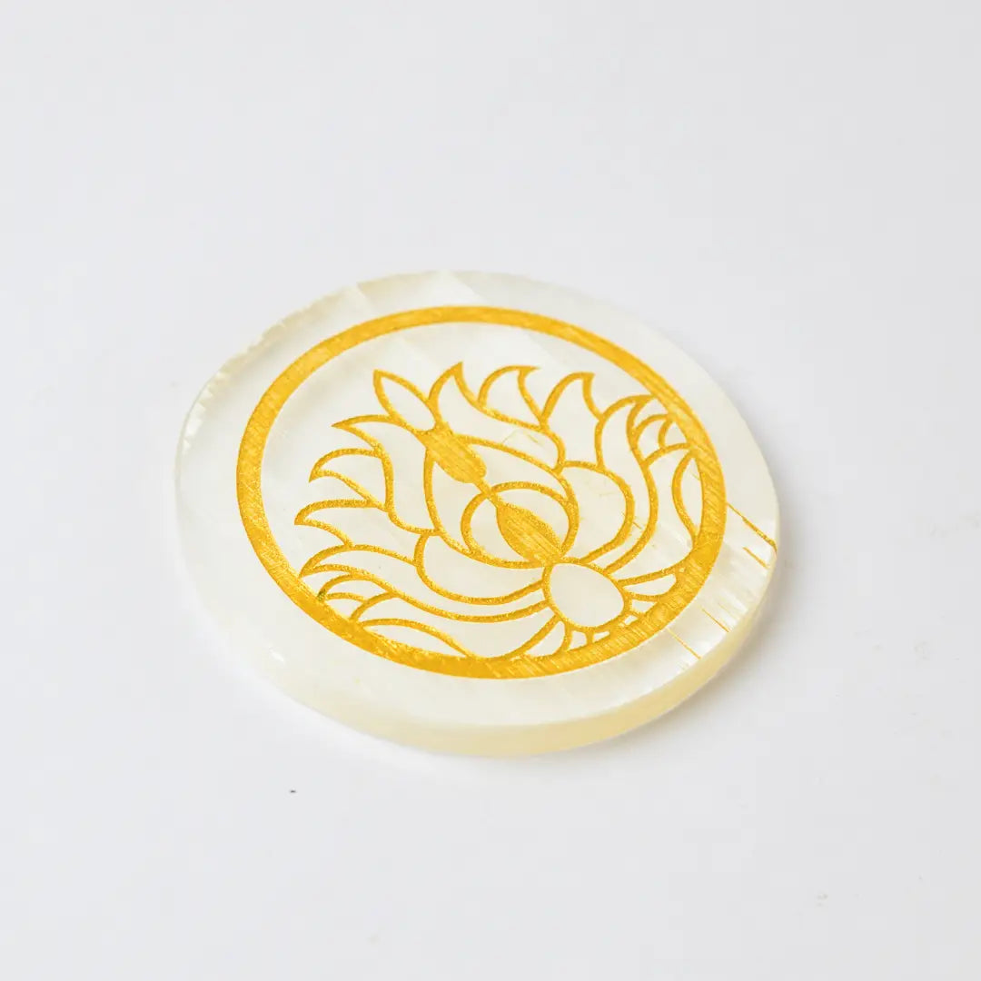 Selenite Crystal Charging Plate with Golden Lotus - Round
