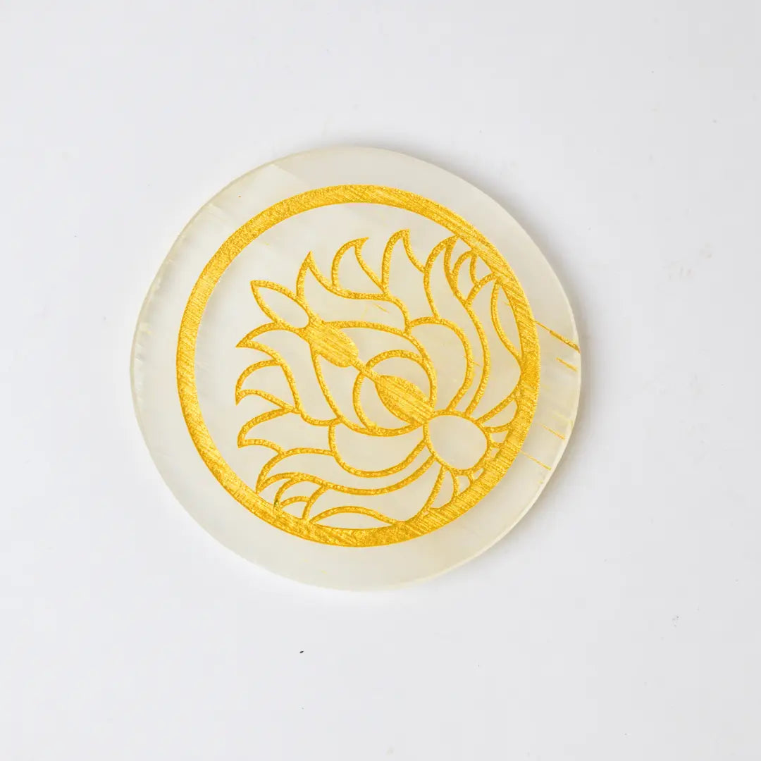 Selenite Crystal Charging Plate with Golden Lotus - Round