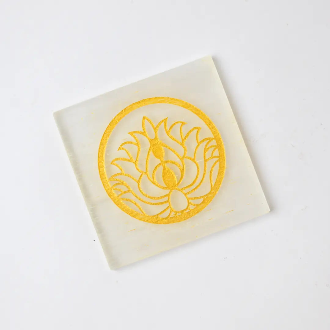Selenite Crystal Charging Plate with Golden Lotus - Square