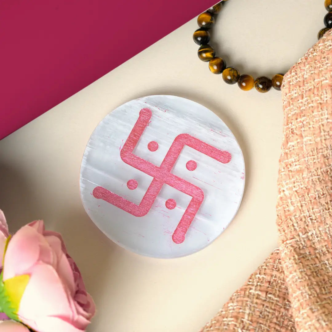 Selenite Om Swastik Energy Charging Plate - Round