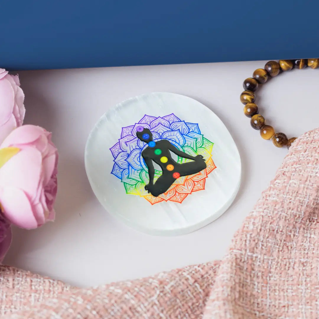 Selenite Seven Chakra Meditation Charging Plate - Round