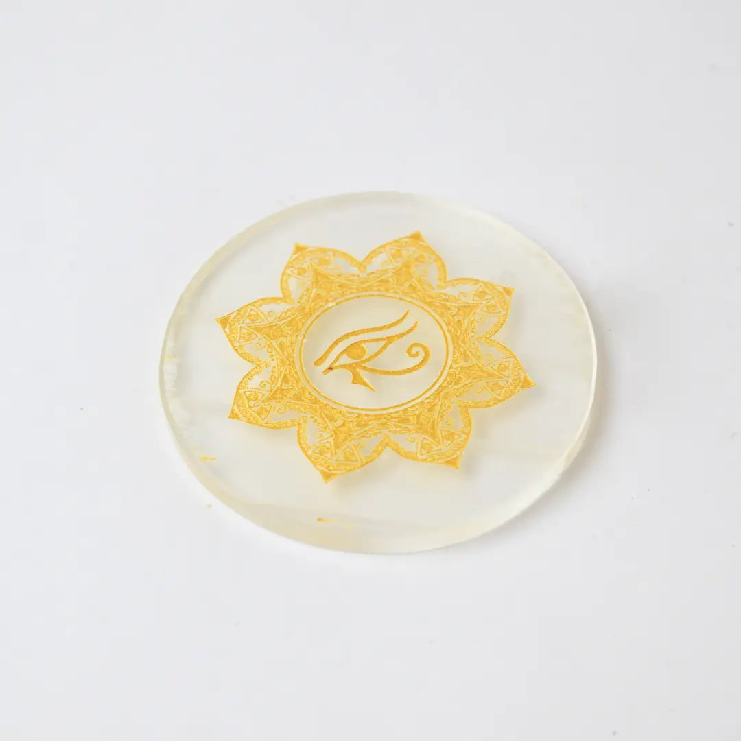 Selenite Eye of Horus Charging Plate - Round