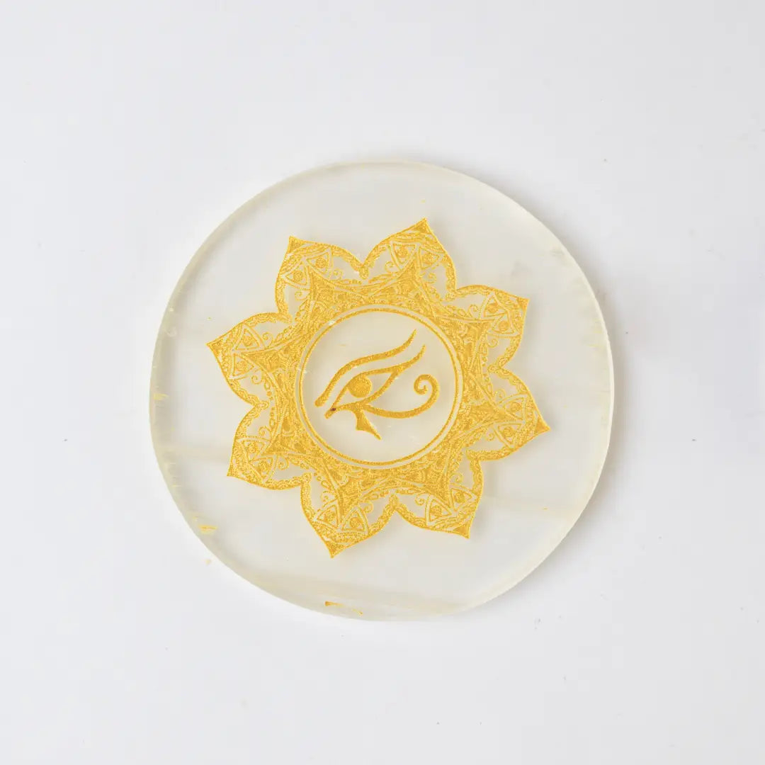 Selenite Eye of Horus Charging Plate - Round